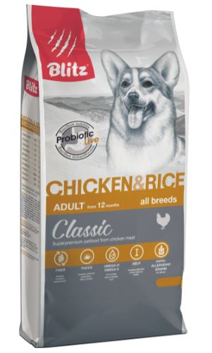 Корм Blitz Classic Chicken & Rice для собак, с курицей и рисом, 2 кг