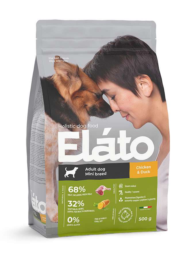 ELATO Сухой корм для взрослых собак мелких пород курица и утка 500г.