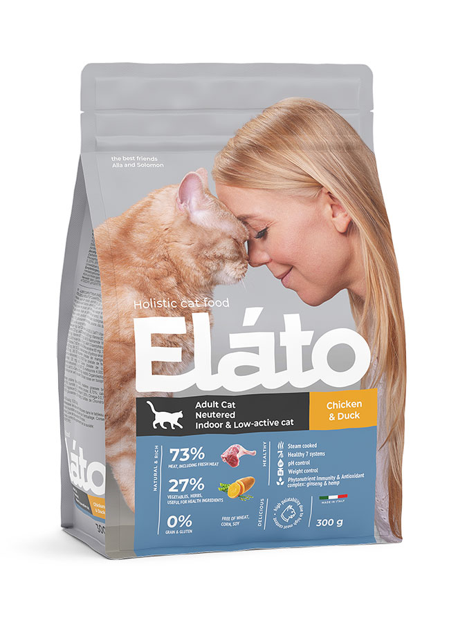 Elato Holistic Сухой корм для кошек кастрированных и стерилизованных кошек и малоактивных 300г.