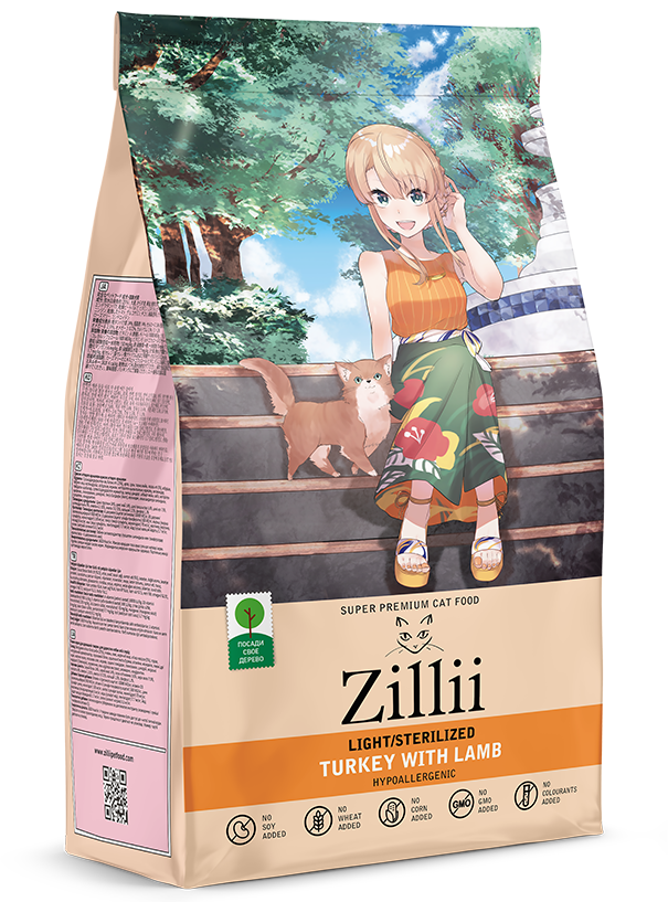 ZILLII Light/Sterilized Сухой корм для взрослых кошек индейка-ягненок 2кг.
