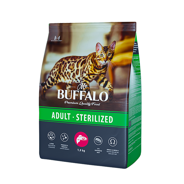 Mr.Buffalo STERILIZED сухой корм с лососем для стерилизованных кошек и кастрированных котов 1,8кг