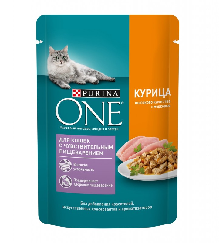 Корм для кошек Purina ONE при чувствительном пищеварении, с курицей, с морковью 75 г