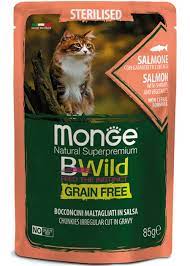 Влажный корм Monge Cat BWild GRAIN FREE для стерилизов.кошек, беззернов.из лосося с креветками и ово