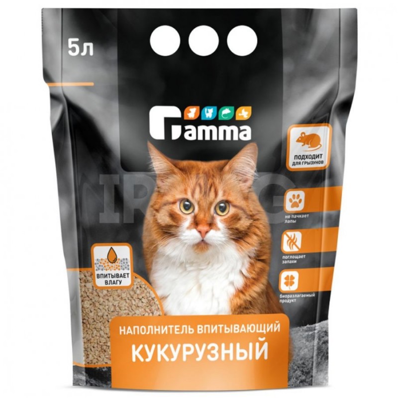 Наполнитель Gamma для кошек и грызунов, впитывающий, кукурузный, 5 л, 1.75 кг