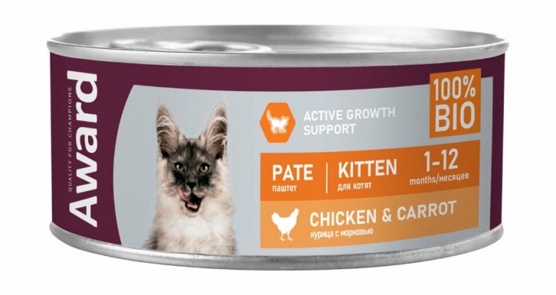 AWARD Влажный корм для котят, паштет из курицы с морковью 100г