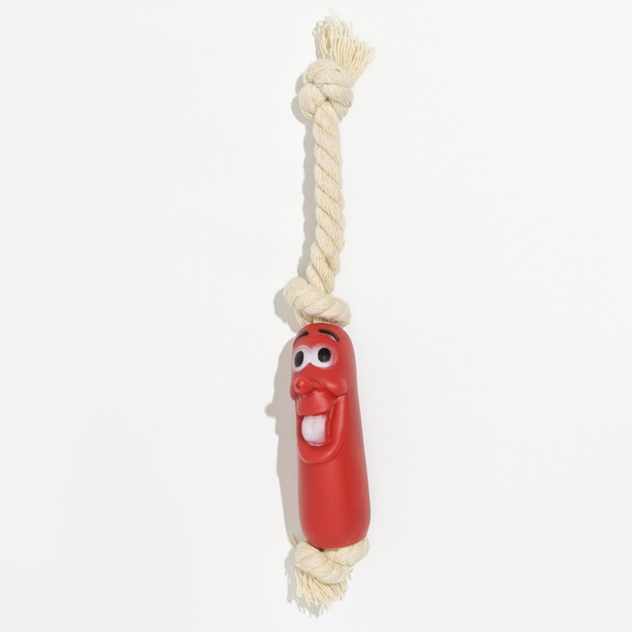 Игрушка для собак "Сосиска на верёвке" 14 см микс