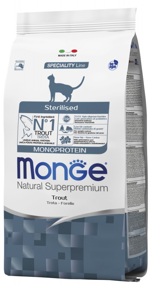 Корм сухой Monge Cat Monoprotein Sterilised Trout для стерилизованных кошек с форелью 1,5кг