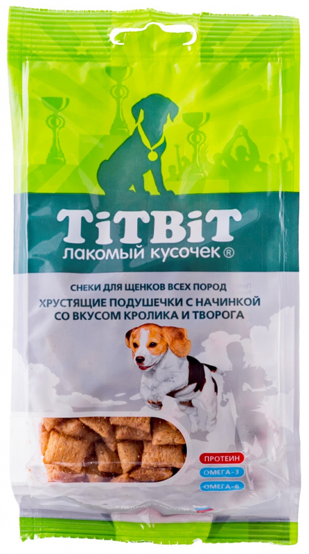 TITBIT Лакомство для собак Хрустящие подушечки с начинкой со вкусом кролика и творога для щенков 95г