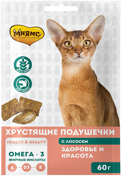 Мнямс Лакомство для кошек "Здоровье и красота" хрустящие подушечки с лососем 60г