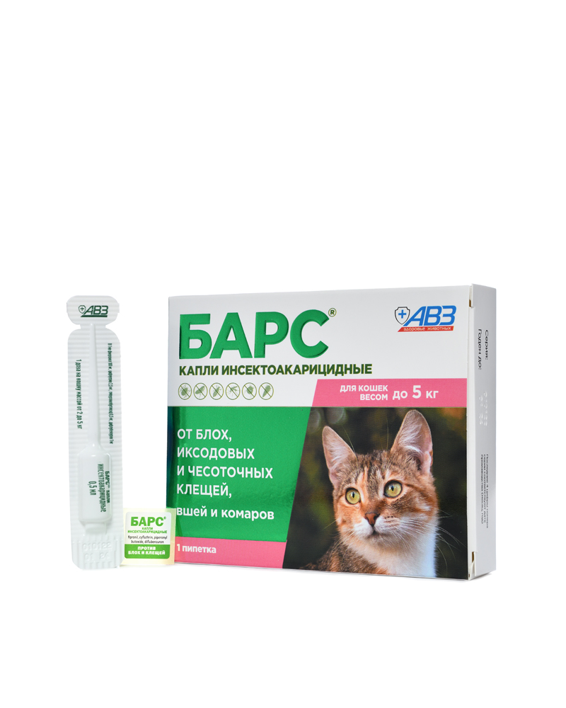 БАРС капли инсектоакарицидные от блох и клещей для кошек до 5кг, 1 пипетка