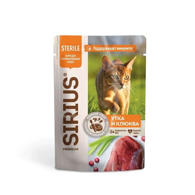 Sirius Premium Sterile Влажный корм для стерилизованных кошек,Утка и Клюква(в соусе) 85г.