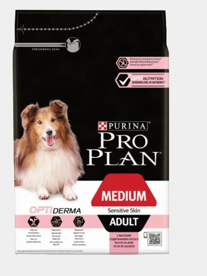 PRO PLAN OPTIDERMA MEDIUM сухой корм для собак для собак сред.пород с чувствител.кожей, лосось 1.5кг