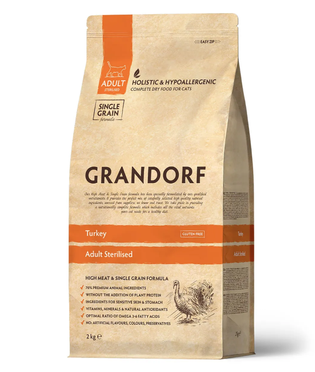 GRANDORF ADULT STERILISED Сухой корм для стерилизованных кошек с пребиотиками, индейка 2кг.