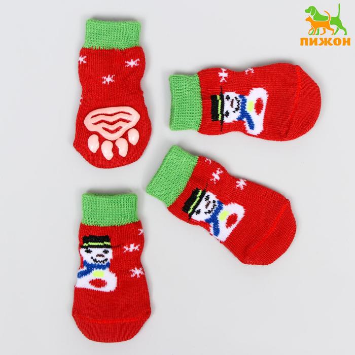 Носки нескользящие "Снеговики" M (3/4 * 7 см),набор 4 шт,красные