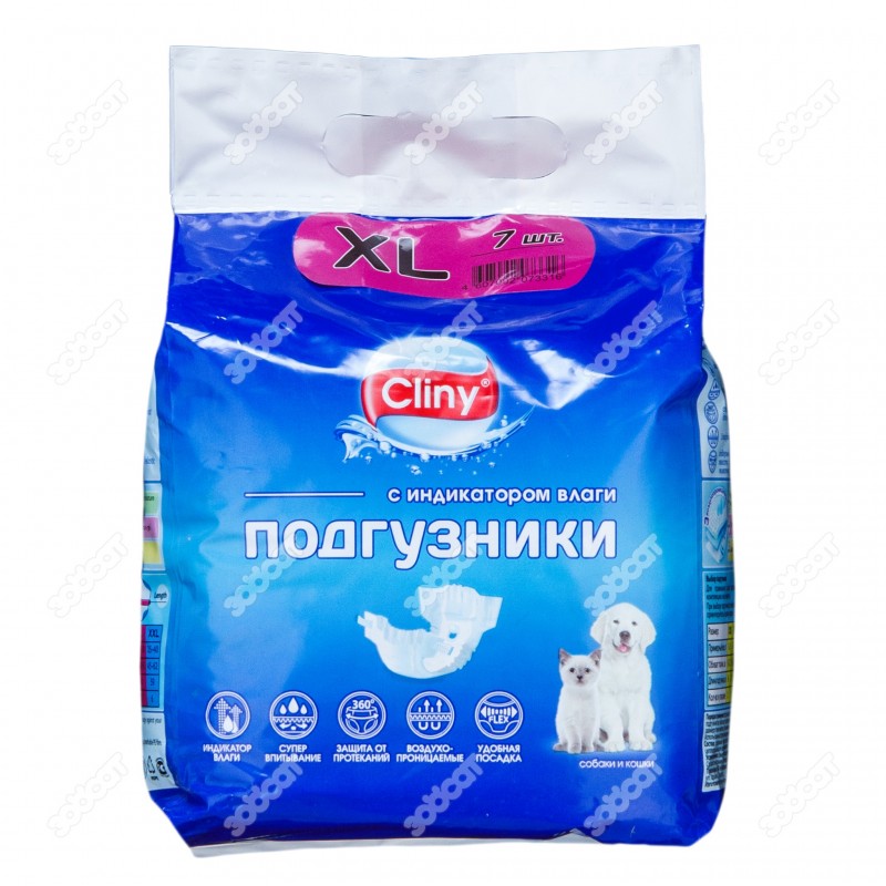 Cliny подгузники для кошек и собак с индикатором влаги, 15-30 кг, размер XL (7 шт)