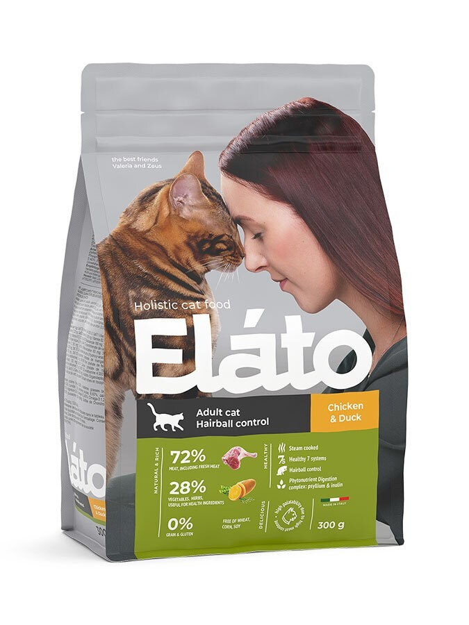 Elato Hotistic Сухой корм для взрослых кошек с курицей и уткой для выведения шерсти 300г.
