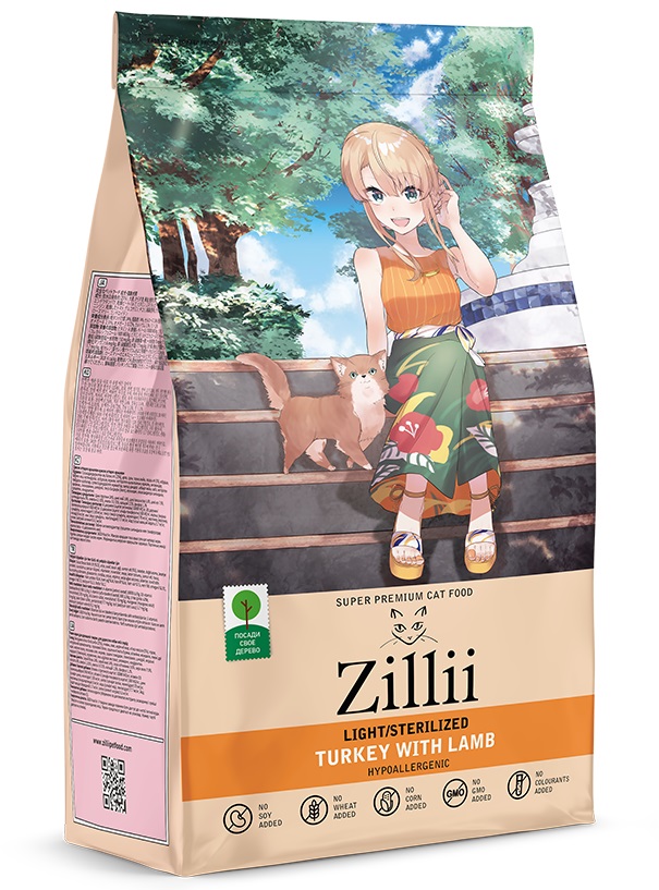 ZILLII Light/Sterilized Сухой корм для взрослых кошек индейка-ягненок 400гр.