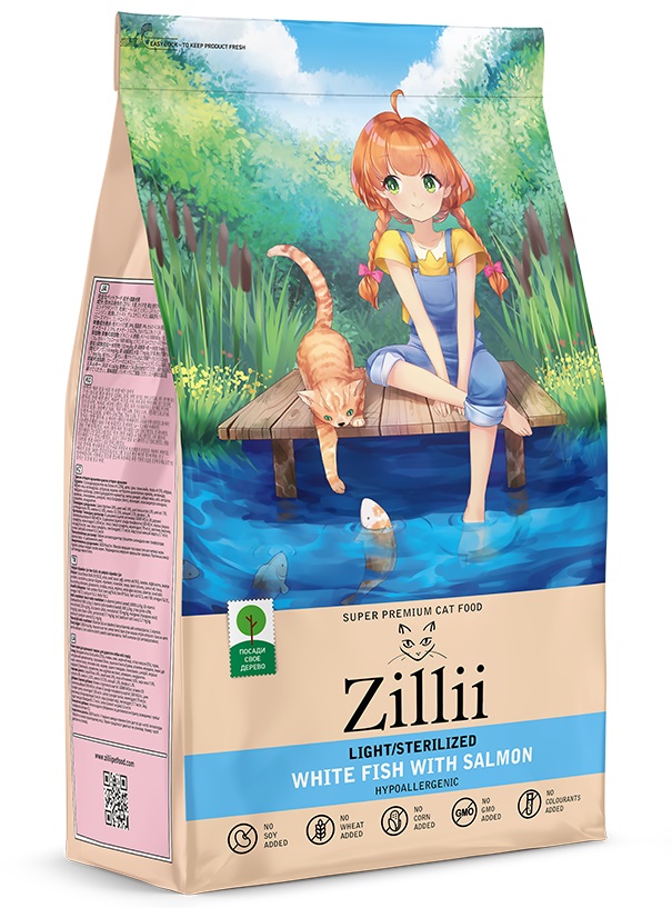 Сухой корм ZILLII Light Sterilized для взролых кошек белая рыба с лососем 2кг.