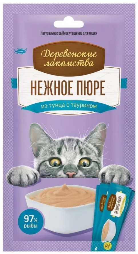 Деревенские лакомства для кошек, пюре из тунца, (4 шт по 10 г), 40 г.