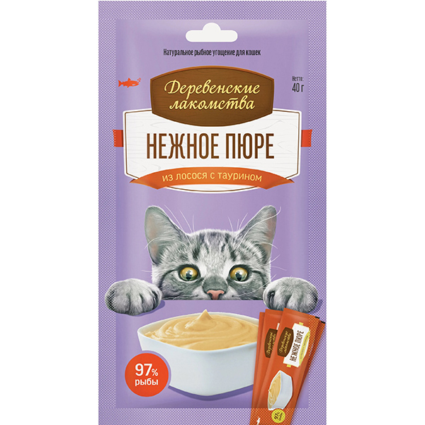 Деревенские лакомства для кошек, пюре из лосося, (4 шт по 10 г), 40 г.