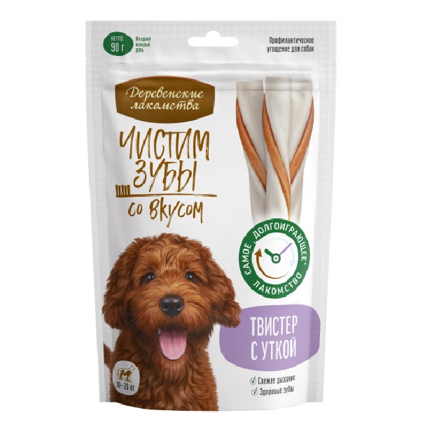 Деревенские лакомства Чистим зубы для собак средних пород, твистер с уткой, 90г.