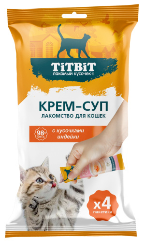 TiTBiT Лакомство для кошек, крем-суп с кусочками индейки, 10 г. х 4шт.