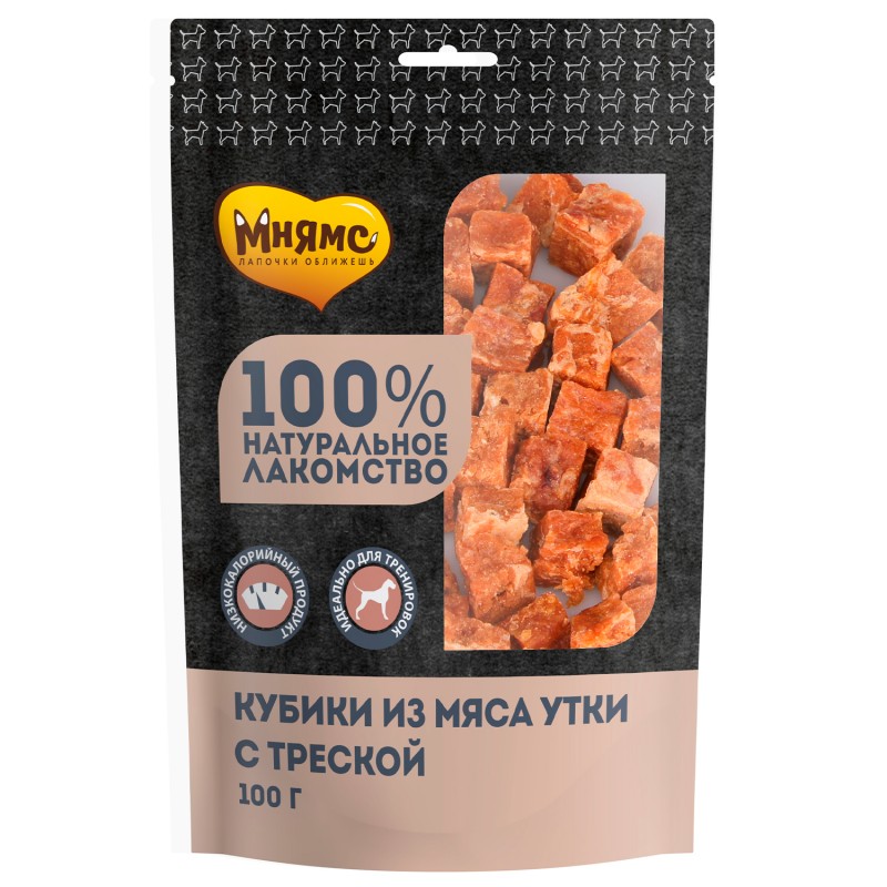 Мнямс Лакомство для собак кубики из мяса утка с треской 100 г