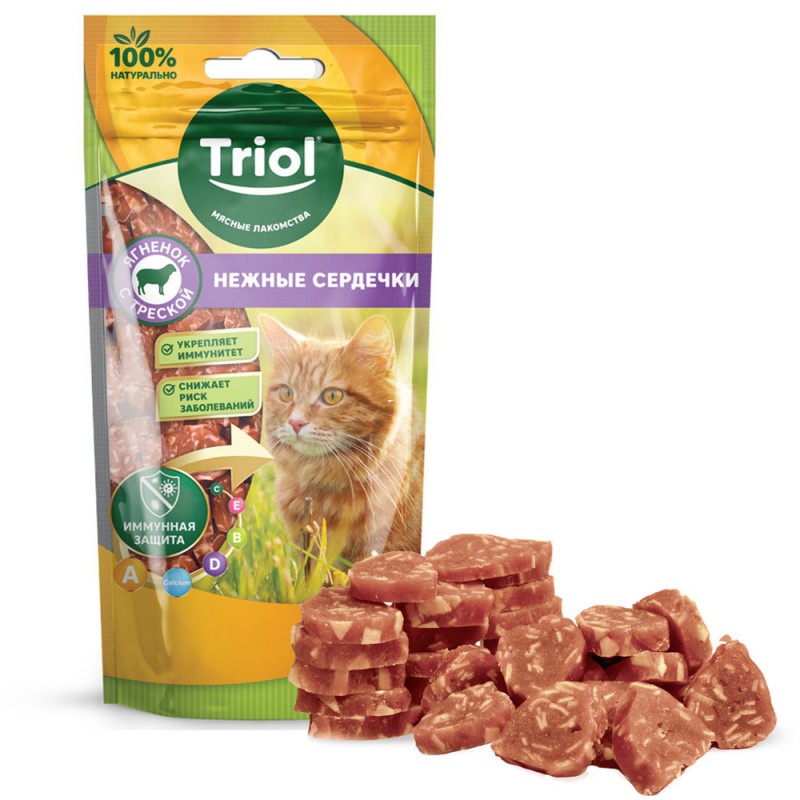 Triol нежные сердечки из ягненка с треской для кошек, 40 г