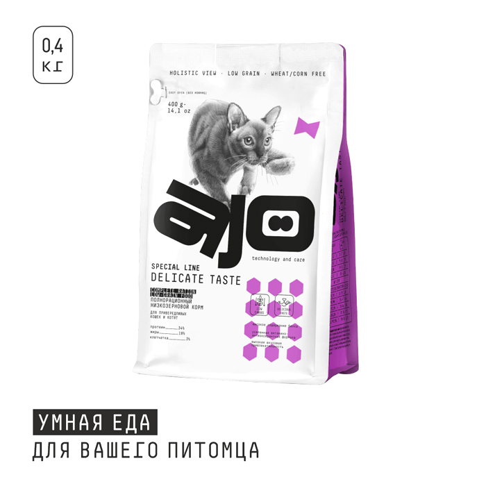 АЙО ДЕЛИКАТ сухой полнорационный корм для привередливых кошек и котят 400гр