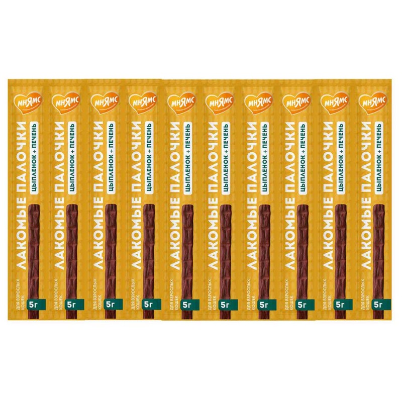 Мнямс Лакомство для кошек лакомая палочка 13,5 см,с цыпленком и печенью 5 г