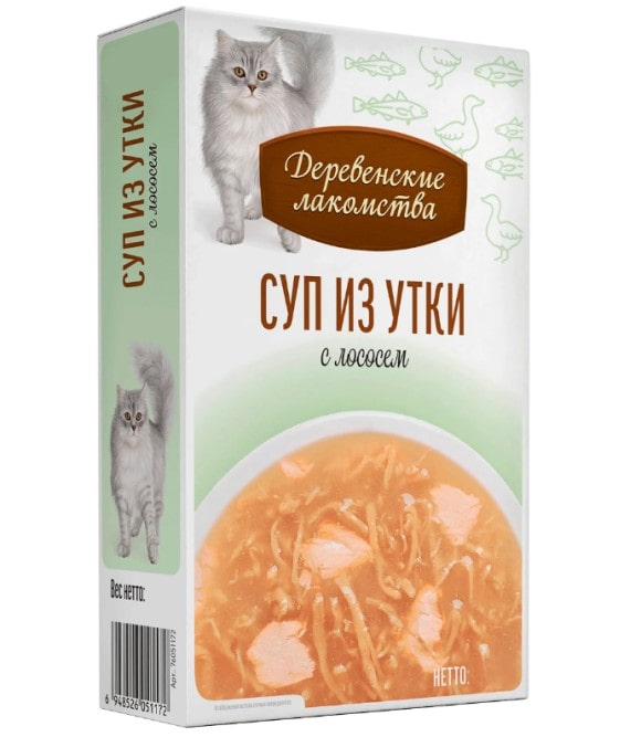 Деревенские лакомства Суп для кошек из утки с лососем, 35г.х 4 шт.