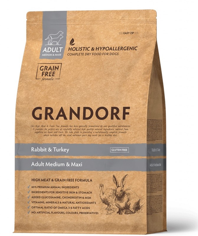 GRANDORF Adult Medium&Maxi Rabbit&Turkey сухой корм для собак средн.и круп.пород,кролик+индейка, 1кг