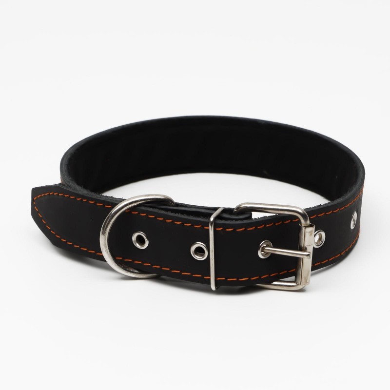 Ошейник кожаный на синтепоне, 70×3.5 см, ОШ 45-60 см, чёрный.