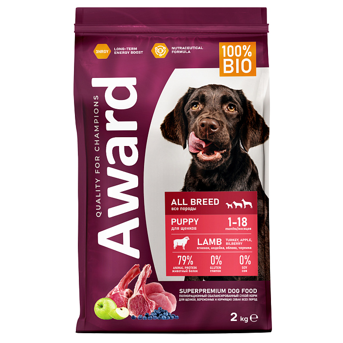 AWARD Сухой корм для щенков от 1 месяца, беременных и кормящих собак всех пород с ягненком и индейко