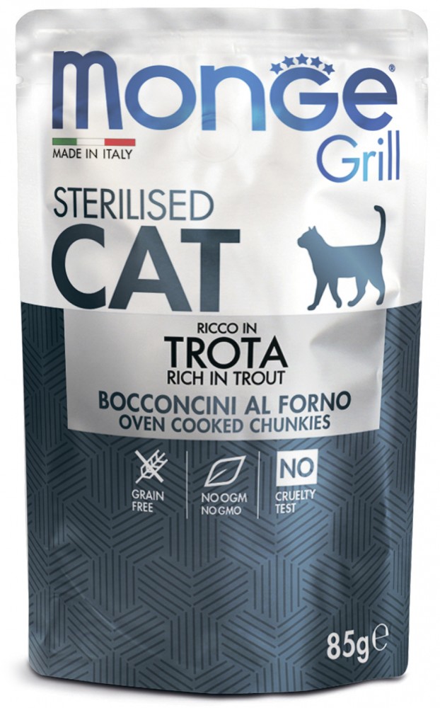 Влажный корм Monge Cat Grill Pouch паучи для стерилизованных кошек итальянская форель 85г