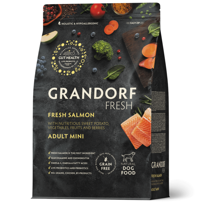 GRANDORF Dog FRESH Adult Mini сухой корм для взрослых собак мелких пород, Лосось с бататом, 1кг.