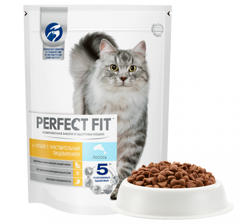 Корм Perfect Fit для кошек с чувствительным пищеварением, с лососем, 650 г
