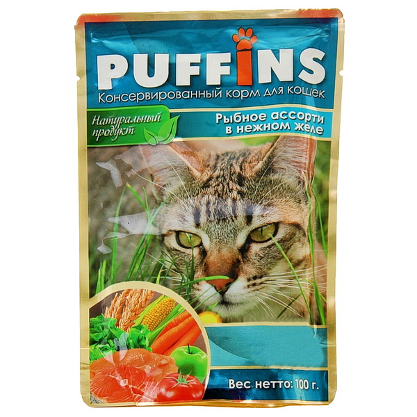 Корм Puffins (в желе) для кошек, рыбное ассорти, 100 г.