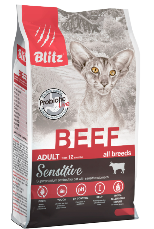 Blitz Sensitive Beef сухой корм для кошек с чувствительным пищеварением, с говядиной.400г