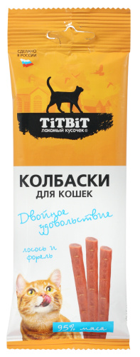 TiTBiT Колбаски Двойное удовольствие для кошек, с лососем и форелью, 45 г