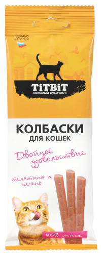 TiTBiT Колбаски Двойное удовольствие для кошек, с телятиной и печенью, 45 г