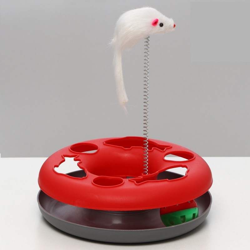 Игрушка для кошек "Загадочный круг - Рыбки", мышь на пружине и шарик, 23х7 см,красная/серая