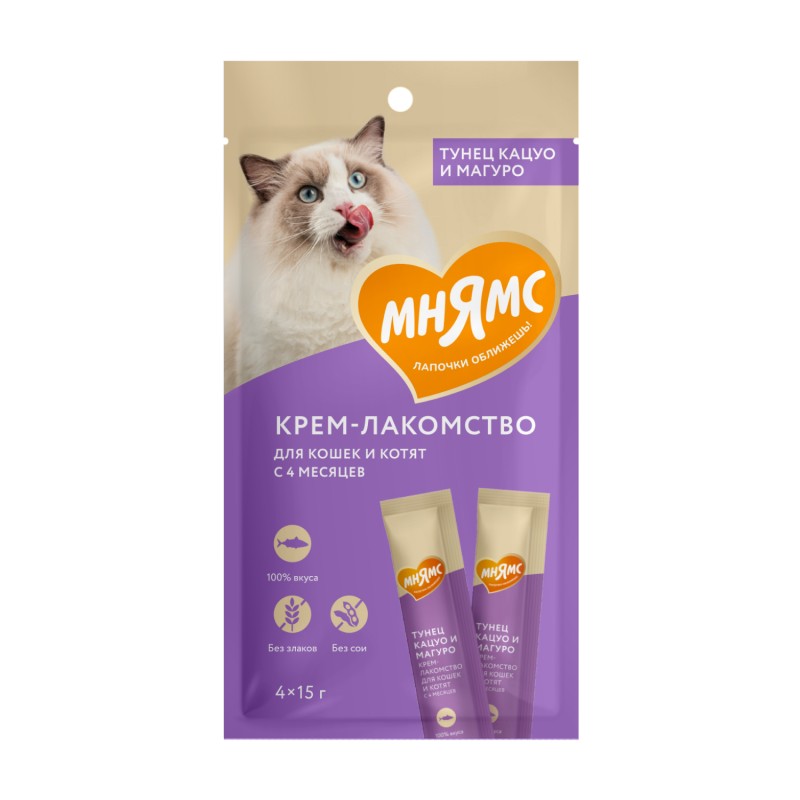 Мнямс Крем-лакомство для кошек с тунцом Кацуо и Магуро 15г х 4 шт.