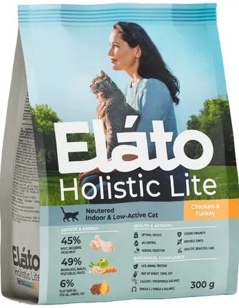 Корм Elato Holistic Lite для кастрированных котов и стерилизованных кошек, курица-индейка, 300 г