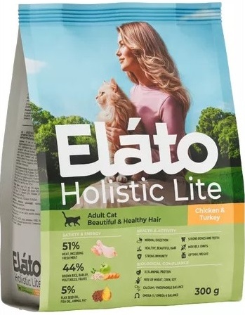 Корм Elato Holistic Lite для кошек,красивой и здоровой шерсти,курицей индейка,300г.