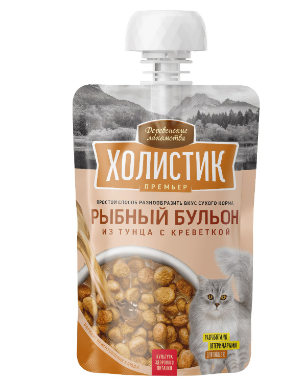 Деревенские лакомства Холистик Премьер рыбный бульон для кошек, тунец с креветкой, 90 г