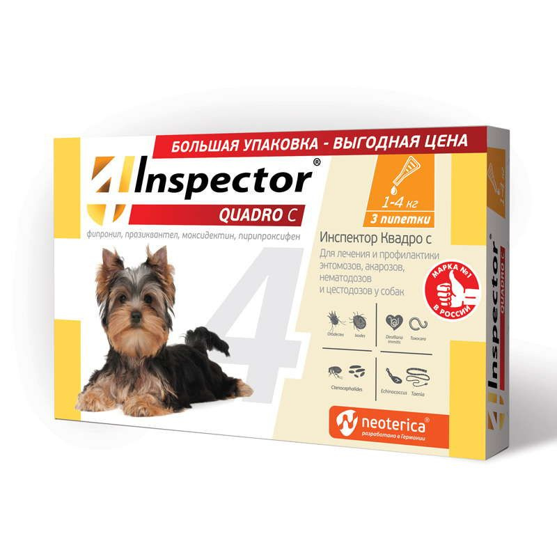 Inspector Quadro капли для собак 1-4 кг, от блох, клещей и гельминтов, 3 пипетки