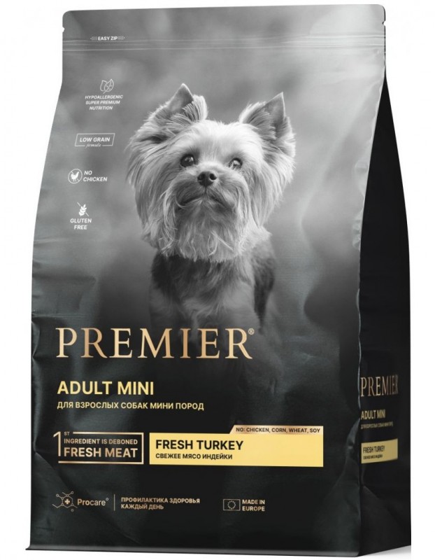 Premier Dog Turkey Adult Mini сухой корм для собак мелких пород, свежее мясо индейки - 3 кг