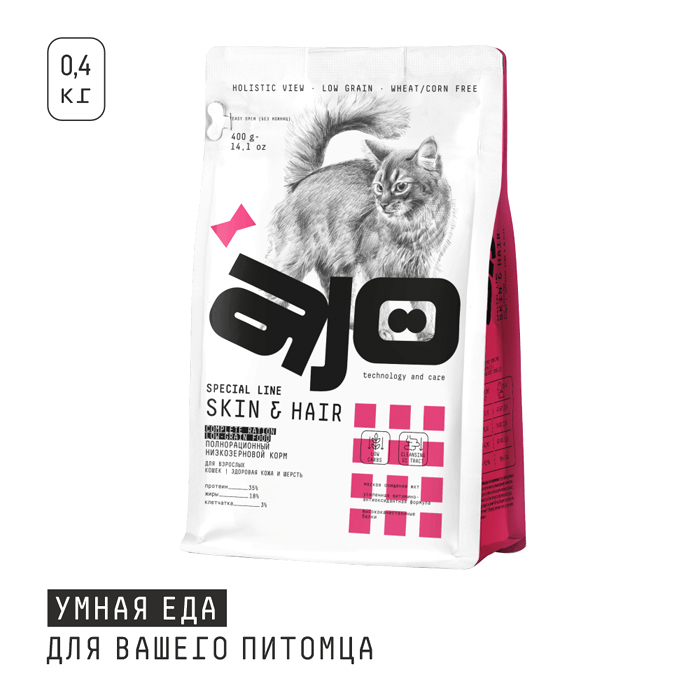 АЙО СКИН ЭНД ХЕА сухой корм для кошек, здоровая кожа и красивой шерсти, домашняя птица и лосось,400г