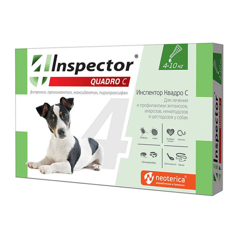 Inspector Quadro С капли на холку от блох, клещей и глистов для собак 4-10кг (уп.1 пипетка)